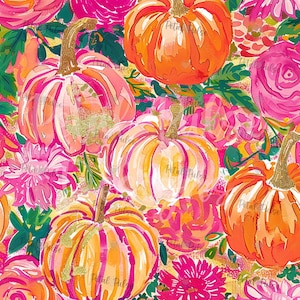 May include: A vibrant pattern featuring watercolor-style pumpkins in shades of orange, pink, and yellow, interspersed with bright pink and magenta flowers and green leaves. The pumpkin stems have a textured gold glitter finish throughout.