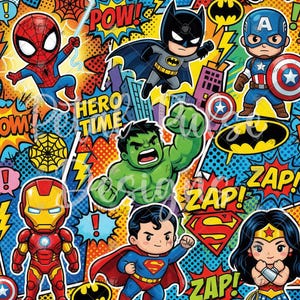 May include: A vibrant comic book pattern featuring chibi-style superheroes including Spider-Man, Batman, Captain America, Hulk, Iron Man, Superman, and Wonder Woman. The background includes colorful speech bubbles with text like POW, ZAP, and HERO TIME.