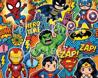 Może przedstawiać: Wzorzysty komiks z superbohaterami w stylu chibi, w tym Spider-Manem, Batmanem, Kapitanem Ameryką, Hulkiem, Iron Manem, Supermanem i Wonder Woman. Tło zawiera kolorowe dymki z napisami takimi jak POW, ZAP oraz HERO TIME.