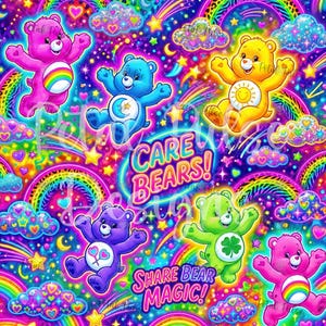 May include: A bright, colourful pattern featuring Care Bears in various colours, surrounded by rainbows, stars, and clouds. The text "Care Bears!" and "Share Bear Magic!" are displayed. The design is bright and cheerful.