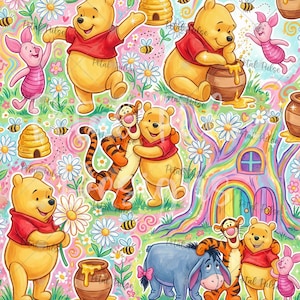 May include: A colourful pattern featuring Winnie the Pooh, Piglet, Tigger, and Eeyore in a meadow with daisies, honey pots, beehives, and bees. The design includes a tree with a rainbow-coloured trunk and the repeating watermark text Petal Pulse.