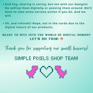 K&ouml;nnte beinhalten: Ein tealfarbener Hintergrund mit wei&szlig;em Text und pixeligen rosa Dinosauriern. Der Text lautet "READY TO DIVE INTO THE WORLD OF DIGITAL DESIGN? LET'S DO THIS!" und "SIMPLE PIXELS SHOP TEAM."