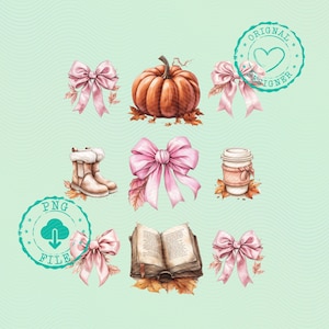Puede incluir: Ilustraciones en acuarela con temas otoñales sobre un fondo verde claro. La imagen incluye una calabaza, lazos, botas, una taza de café y un libro abierto. Los elementos están decorados con hojas de otoño en tonos rosa, naranja y marrón.