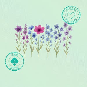 May include: Watercolor illustration of various wildflowers in shades of purple, pink, and blue, with green stems and leaves. The flowers are arranged in a row against a light green background. The image includes two circular stamps with text and a heart and cloud icon.
