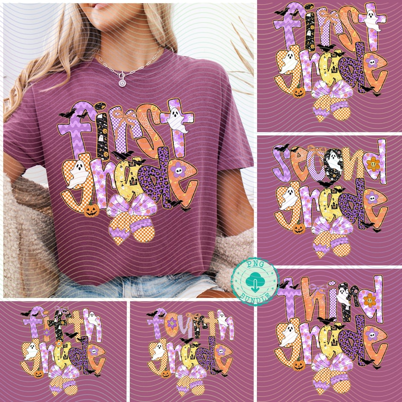K&ouml;nnte beinhalten: Ein lila T-Shirt mit dem Aufdruck "First Grade" in einem Halloween-Design. Das Design umfasst Geister, Flederm&auml;use, K&uuml;rbisse und Schleifen in Orange, Lila und Gelb. Zus&auml;tzliche Designs f&uuml;r die zweite, dritte, vierte und f&uuml;nfte Klasse sind ebenfalls abgebildet.