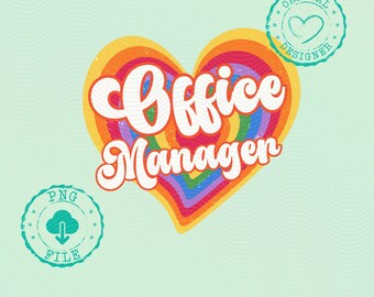 Rainbow Office Manager PNG, Retro Heart Design, Vintage 70s Style Printable, Digital Download Cute Office Decor Art Office Manager Decor PNG