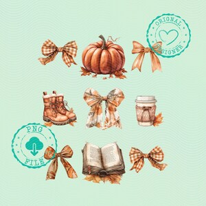 May include: Watercolor illustrations of autumn-themed items, including a pumpkin, bows, boots, a coffee cup, and an open book. The items are in shades of orange, brown, and beige, with a light green background. The image includes the text "ORIGINAL DESIGNER" and "PNG FILE".