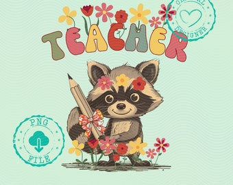 Teacher png, png designs,  Floral back to school png, trendy png, school grades png, kindergarten png, second grade teacher png, Raccoon PNG