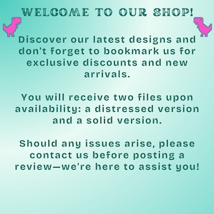 K&ouml;nnte beinhalten: Eine t&uuml;rkis-wei&szlig;e Grafik mit dem Text "WELCOME TO OUR SHOP!". Zus&auml;tzlicher Text informiert &uuml;ber neue Designs, Rabatte und die Verf&uuml;gbarkeit von Dateien. Pinke, pixelige Dinosaurier-Grafiken zieren die Oberseite.