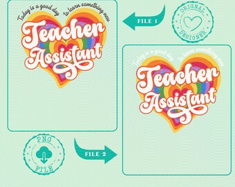 Rainbow Teacher Assistant PNG, Retro Heart Design, Vintage 70s Style Printable, Digital Download, Cute Classroom Art, Teacher Decor PNG
