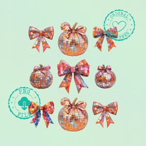 Op de afbeelding: Waterverfillustratie van verschillende decoratieve elementen. De afbeelding toont disco-balvormige ornamenten en strikken in tinten oranje, rood en blauw. De ornamenten hebben een mozaïektegeleffect. De strikken hebben een lintontwerp. De achtergrond is lichtgroen.