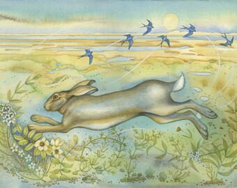 Fine art print of an original painting: 'Hare on the Saltmarsh'.