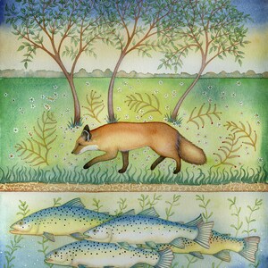 Une seule carte de voeux représentant une peinture originale : « Un renard pensant et un poisson ».