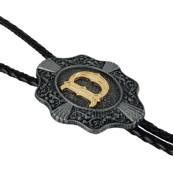 Initial Letter "D" Bolo Tie Western 38" Genuine Leather Cord Detailed Tips