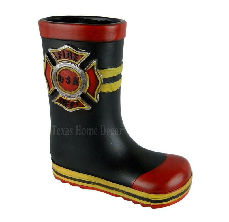 Firefighter Boot Figurine Vase Holder Fireman's Rustic Hand Painted 6 3