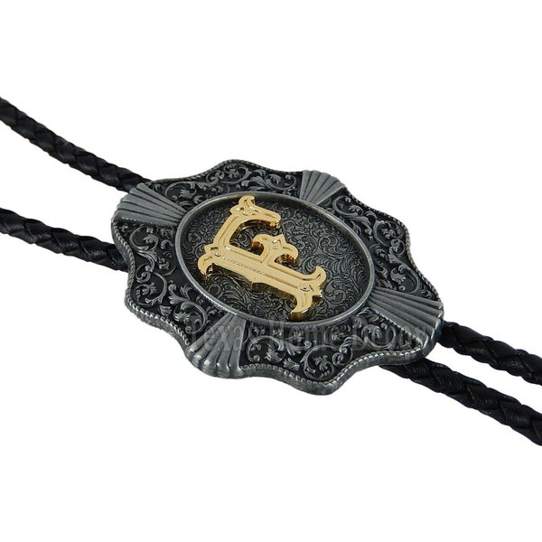 Initial Letter "F" Bolo Tie Western 38" Genuine  Leather Cord Detailed Tips