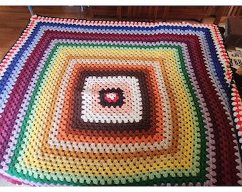 Vintage Crocheted Granny Square Afghan Blanket 55x55 Rainbow Hippie Bohemia