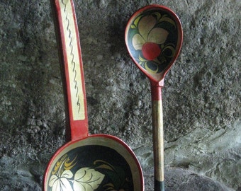 2 Folk Art Russian Wooden Spoons