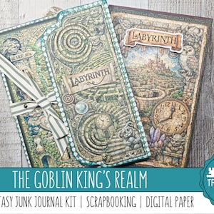 Könnte beinhalten: Zwei aufwendig gestaltete Journale mit dem Wort "LABYRINTH" auf den Einbänden. Die Journale zeigen detaillierte Illustrationen eines Labyrinths, einer Uhr und Fantasy-Elementen. Der Text "THE GOBLIN KING'S REALM" und "A DARK FANTASY JUNK JOURNAL KIT" ist ebenfalls sichtbar.