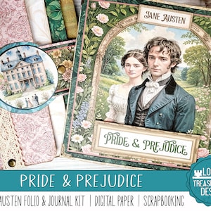 ORGOGLIO E PREGIUDIZIO: un kit di Jane Austen Folio e Journal, abbellimenti, carte per album digitali, stampa e realizza, papercraft, arte Regency