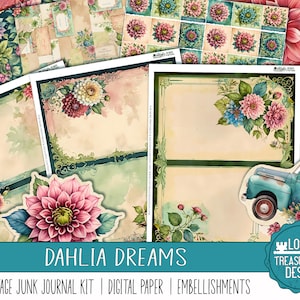 DAHLIA DREAMS: un kit di diario vintage, kit di carta stampabile con abbellimenti, carte digitali, kit di stampa artigianale, stampa e realizza
