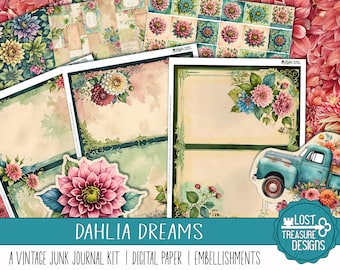 DAHLIA DREAMS : kit de journal indésirable vintage, kit imprimable papercraft avec embellissements, papiers numériques, kit d&#39;impression créatif, impression et fabrication