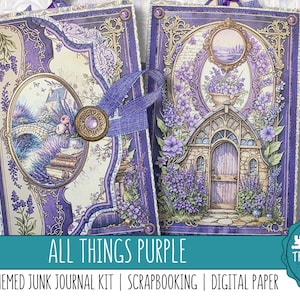 May include: Two rectangular journals featuring purple floral and architectural illustrations. The left journal has a purple ribbon closure with a circular metal embellishment. The right journal displays a stone cottage entrance with lavender flowers.