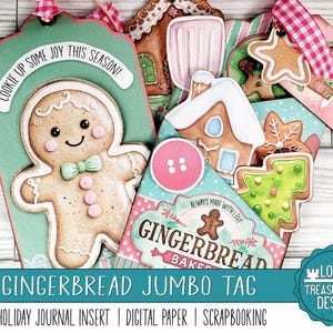 Gingerbread Jumbo Tag: Um doce projeto de férias. Enfeites, Scrapbooking digital, Imprimir e fazer, Papéis de designer, fazer um presente, Natal