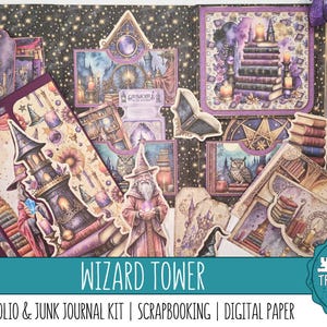 May include: A wizard-themed mini folio and junk journal kit. The kit features illustrated cards, cutouts, and decorative elements with wizards, towers, books, and a starry background. The text "WIZARD TOWER" is displayed prominently.
