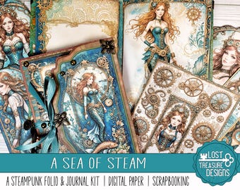 SEA OF STEAM : un kit folio sirène steampunk et journal indésirable. Embellissements, Papiers numériques pour scrapbooking, Impression et fabrication, Papiers design, artisanat