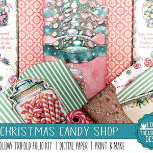 Può includere: Un kit di scrapbooking a tema natalizio con una varietà di elementi. Il design include barattoli di caramelle, carta a righe ed etichette decorative. La tavolozza dei colori presenta rosa, verde e bianco, con il testo "Christmas Candy Shop".