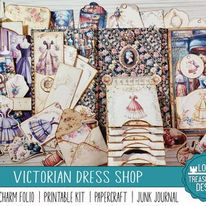 VICTORIAN DRESS SHOP Kit de diário de folio e lixo, kit de impressão de papel com enfeites, papéis digitais, kit de impressão de artesanato, miniprojeto