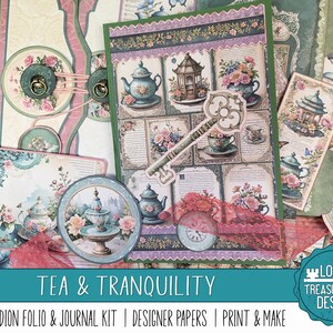 THÉ ET TRANQUILLITÉ : étui pour accordéon et kit de journal indésirable. Embellissements, Papiers numériques pour scrapbooking, Impression et fabrication, Papiers design, vintage