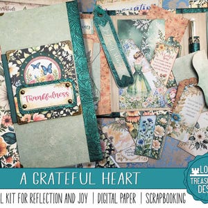 A GRATEFUL HEART: Journal kit zum Nachdenken & Nachdenken, Papercraft Printable Kit, Verzierungen, Digitale Papiere, Drucken und Basteln, Scrapbooking
