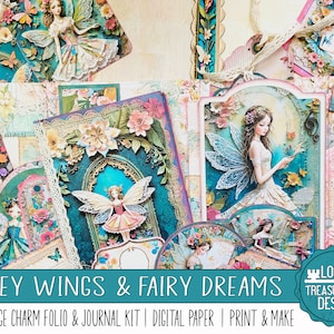 LACEY WINGS & FAIRY Dreams, um kit de diário fólio com charme vintage, kit para impressão com enfeites, papéis de scrapbook digital, imprimir e fazer
