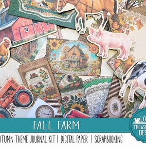 Könnte beinhalten: Ein digitales Scrapbooking-Set mit Herbst-Bauernhof-Thema. Das Set enthält Bilder von einem roten Scheunen, einem Traktor, einem Schwein, einer Kuh, einem Hahn, Sonnenblumen und anderen Bauernhof-Elementen. Das Set ist perfekt zum Erstellen von Karten, Scrapbooking-Seiten und anderen Bastelarbeiten.