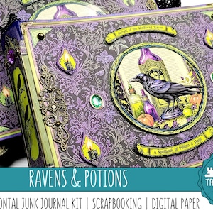 May include: A decorative junk journal kit with a purple and green color scheme. The journal features a raven illustration with potion bottles and the text "Ravens & Potions". Embellishments include decorative metal corners and gem accents.