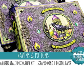 RAVENS & POTIONS: A Horizontal Folio and Junk Journal Kit, Embellishments, Digital Scrapbook Papers, Print and Make, papercraft, Halloween