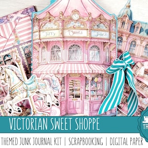 VICTORIAN SWEET SHOPPE: Um kit de porta-diário em formato de carrossel, um kit de pingentes vintage, imprimir e fazer, papel para scrapbooking, enfeites, artesanato em papel