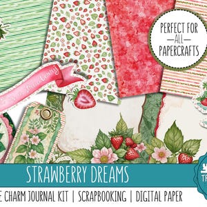 STRAWBERRY DREAMS : un kit de carnets vintage à breloques, décorations, papiers de scrapbooking numériques, impression et fabrication, papiers de créateurs, fabrication de cartes