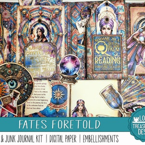 DESTINOS PREDICTOS: Folio de un adivino, kit de diario basura, kit imprimible de artesanía en papel con adornos, papeles digitales, kit de impresión y artesanía
