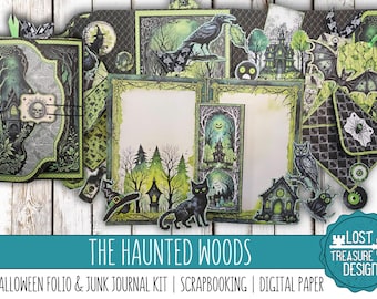 The Haunted Woods: Ein Halloween Folio & ein Junk Journal Kit Verzierungen, Digitales Scrapbook Papier, Drucken und Basteln, Designerpapier, Papercraft