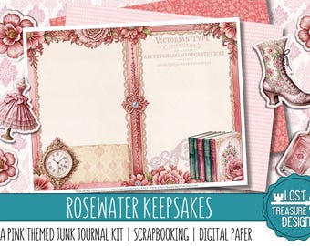 ROSEWATER KEEPSAKES: A Pink Themed Junk Journal Kit, Embellishments, Digital Scrapbook Papers, Print and Make, Designer papers, cardmaking