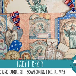 LADY LIBERTY: Um kit patriótico de fólio e diário de lixo, kit de impressão em papel com enfeites, papéis digitais, imprimir e fazer, americano