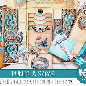 RUNES & SAGA: Um Viking Folio Mini e Journal Kit, um kit de inspiração nórdica com enfeites, papéis de scrapbook digital, imprimir e fazer, presente