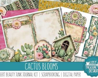 May include: A collection of desert-themed scrapbook paper and ephemera. The design features watercolor illustrations of cacti, succulents, and blooming flowers in shades of green, pink, and yellow. The text "CACTUS BLOOMS" is displayed prominently.