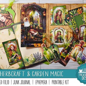 May include: A printable kit for junk journaling featuring a green, brown and gold colour scheme. The kit includes images of fairies, flowers and bottles of potion. The text "HERBCRAFT & GARDEN MAGIC" is printed on the front of the kit.