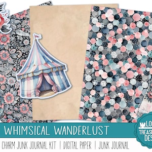 WHIMSICAL WANDERLUST: Vintage Charm Junk Journal Kit, Printable Kit with Embellishments, Digital Papers, Print Craft Kit, Ephemera, Digital