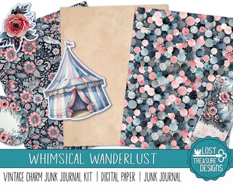 RANDONNÉE FANTAISIE : kit de carnet de voyage à breloques vintage, kit imprimable avec embellissements, papiers numériques, kit d&#39;impression créatif, éphémère, numérique