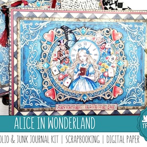 ALICE AU PAYS DES MERVEILLES : un kit horizontal avec folio et carnet de bord, décorations, papiers de scrapbooking numériques, impression et fabrication, travaux manuels sur papier, littérature